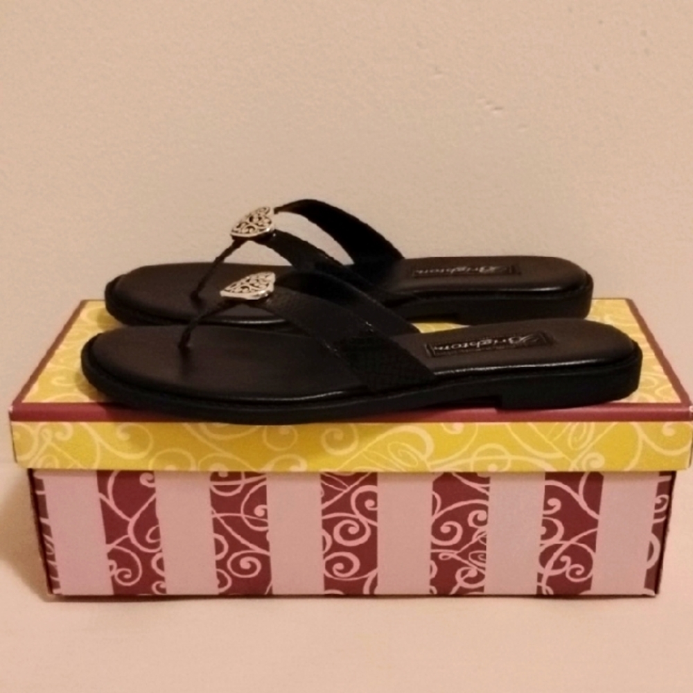 Brighton Orla Snake Print Black Leather Heart Thong Flip Flop Sandals Size 7 - Picture 2 of 5